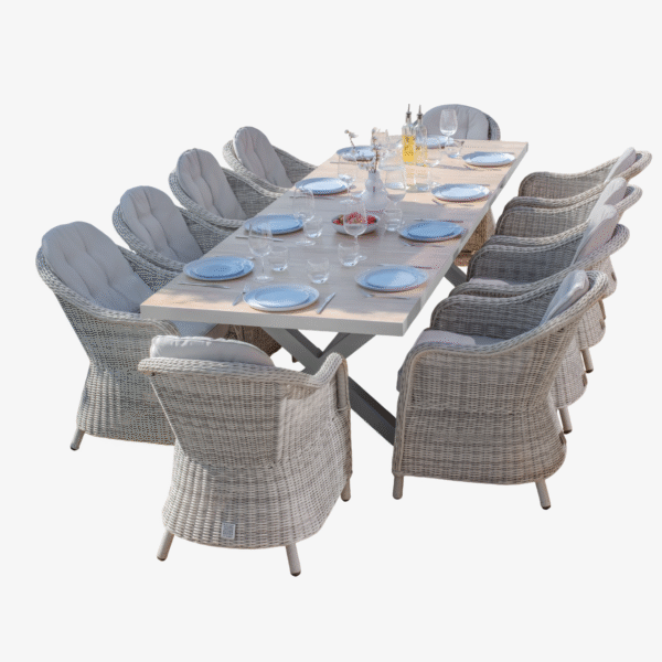 Vienna 10 Seat Extending Rectangular Dining Table with Dawn Grey Frame and 10 Oxford Heritage Rattan Dining Chairs