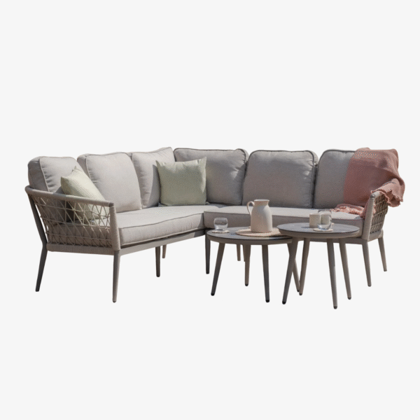 Monaco Rope Weave Small Corner with Pair of Round Coffee Tables – Cool Linen