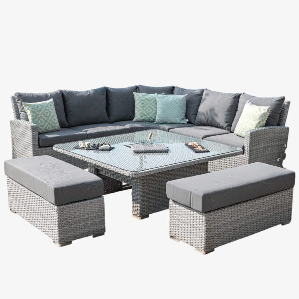Ascot Deluxe Rattan Corner Dining Set with Rising Table, Ice Bucket & Weatherproof Cushions