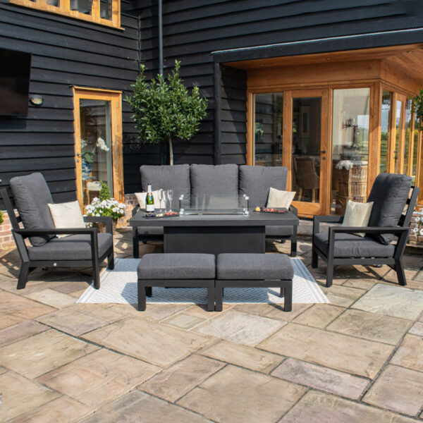 Manhattan Reclining 3 Seat Aluminium Sofa Set with Fire Pit Table & Footstools