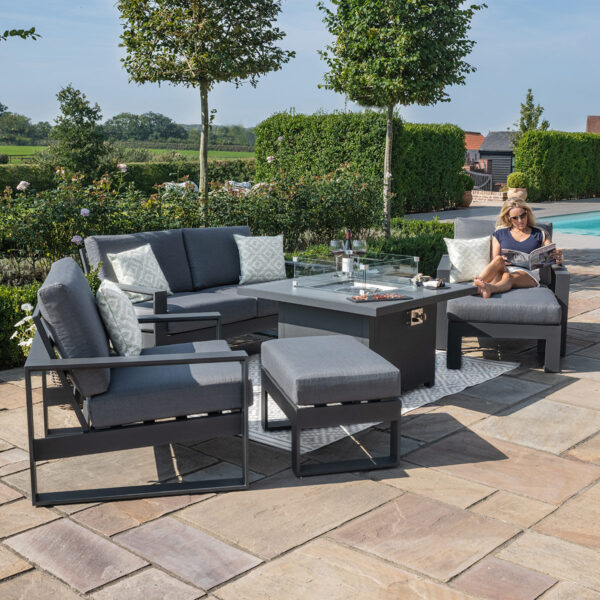 Amalfi 2 Seat Aluminium Sofa Set with Square Fire Pit Table plus Armchairs & Footstools – Grey