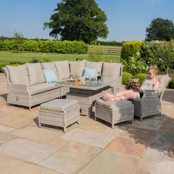 Cotswold Reclining Rattan Corner Dining Set with Rising Table, 2 Footstools & Armchair