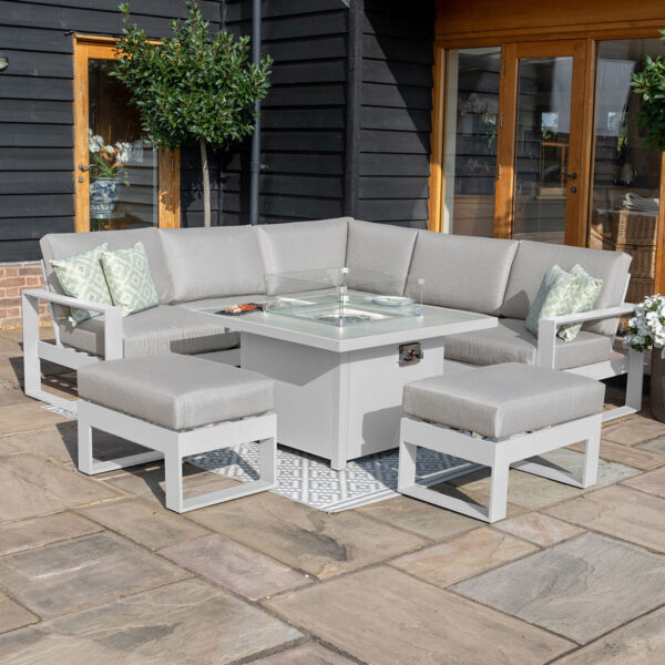 Amalfi Square Aluminium Corner Dining Set with Fire Pit Table & Footstools – White