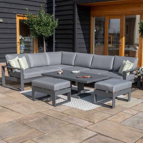 Amalfi Large Aluminium Corner Dining Set with Rising Table & Footstools – Grey