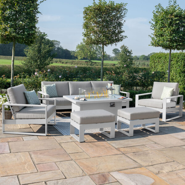 Amalfi 3 Seat Aluminium Sofa Set with Fire Pit Table plus 2 Armchairs & 2 Footstools – White