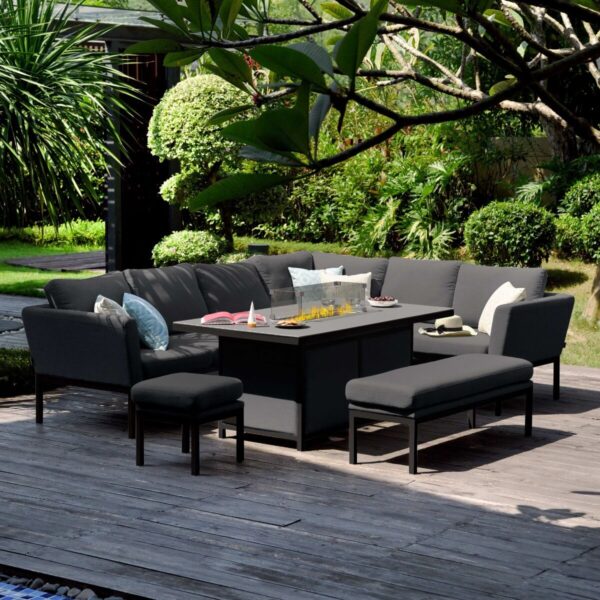 Outdoor Fabric Pulse Left Handed Corner Dining Set with Fire Pit Table – Charcoal